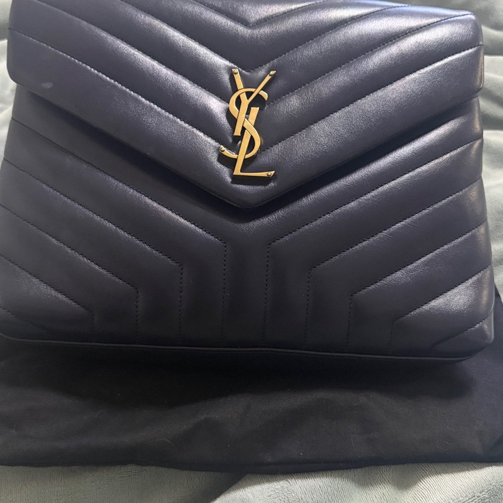 Saint Laurent Black Quilted Chevron Shoulder Bag with Gold YSL Chain